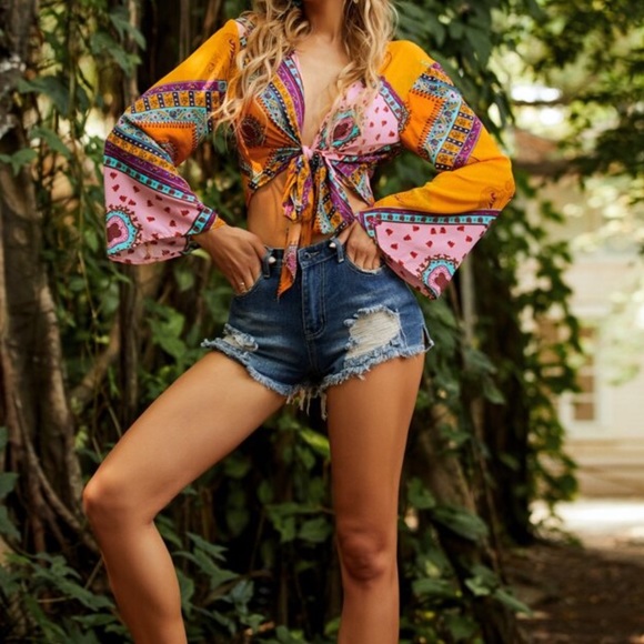 Boho Festival Floral Scarf Print Self Tie Crop Top Blouse - Picture 2 of 5